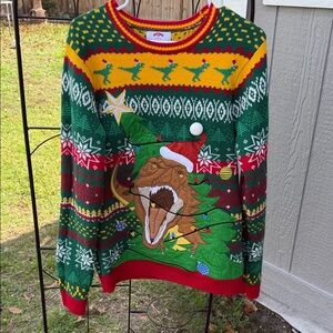 Holiday Time Dinosaur Christmas Sweater - Green, Red, Yellow